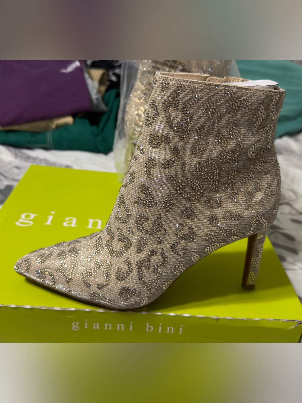 Gianni Bini Champagne Leopard Beaded Pointed Ankle Bootie